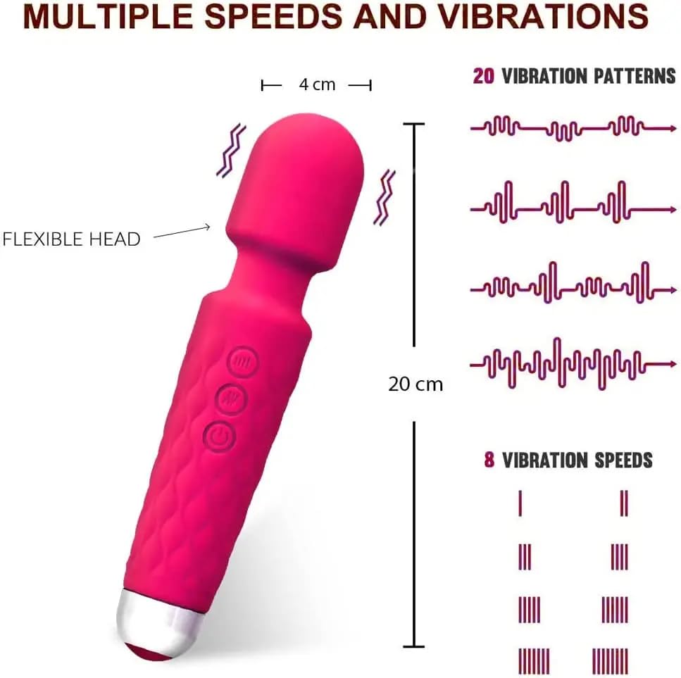 Vibromasseur wand portative, souple, flexible, puissant, masseur de tissus pour la tête, le corps, les muscles du dos, vibrateur pour hommes, femmes, couples, stimulation, étanche, silencieux, double rechargeable, silicone, 20 modes, 8 vitesses