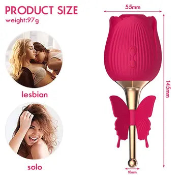 Rose Shaped Vibrator with Butterfly Clit Sucker & Nipple Stimulator - Pleasure Toy