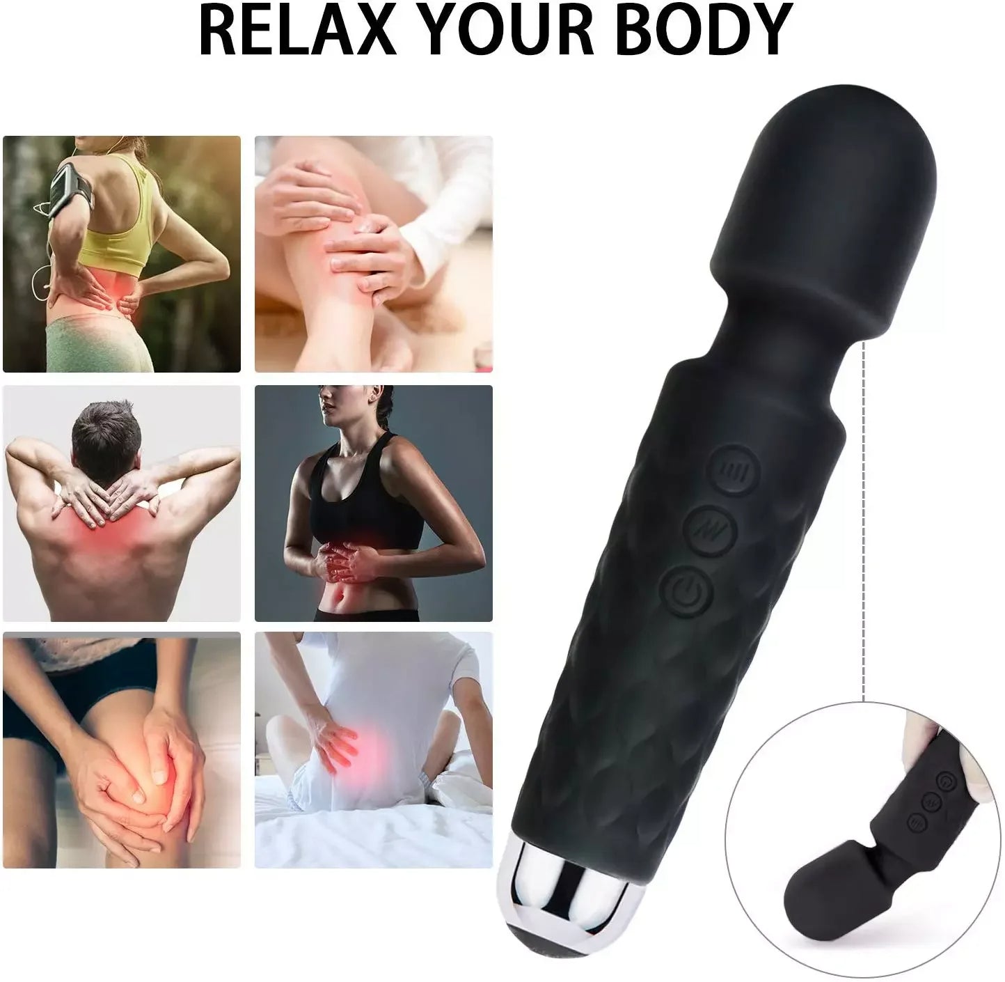 Vibromasseur wand portative, souple, flexible, puissant, masseur de tissus pour la tête, le corps, les muscles du dos, vibrateur pour hommes, femmes, couples, stimulation, étanche, silencieux, double rechargeable, silicone, 20 modes, 8 vitesses