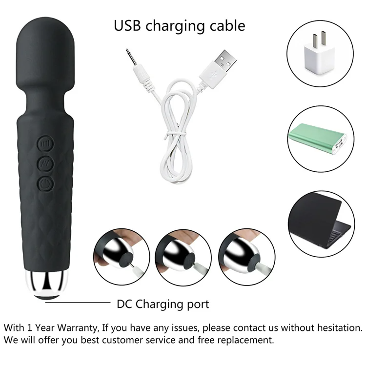 Vibromasseur wand portative, souple, flexible, puissant, masseur de tissus pour la tête, le corps, les muscles du dos, vibrateur pour hommes, femmes, couples, stimulation, étanche, silencieux, double rechargeable, silicone, 20 modes, 8 vitesses