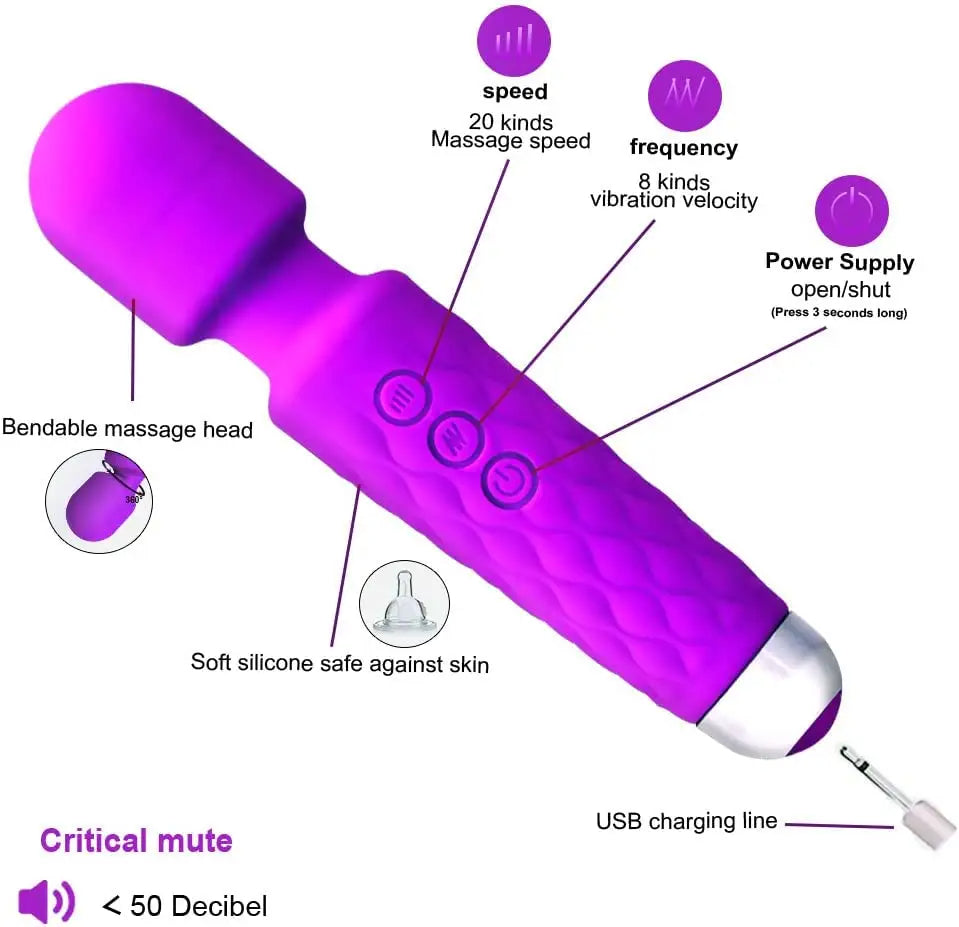 Vibromasseur wand portative, souple, flexible, puissant, masseur de tissus pour la tête, le corps, les muscles du dos, vibrateur pour hommes, femmes, couples, stimulation, étanche, silencieux, double rechargeable, silicone, 20 modes, 8 vitesses