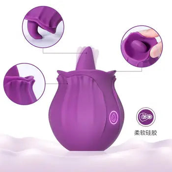 Vibrator senzual Rose pentru lins limbă, stimulator clitoridian impermeabil și silențios, de culoare mov, cu silicon moale, livrare gratuită, ambalaj discret.