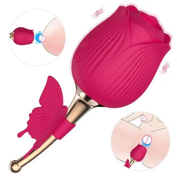 Rose Shaped Vibrator with Butterfly Clit Sucker & Nipple Stimulator - Pleasure Toy