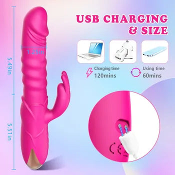 Prémiový vibrátor 2 v 1 Rabbit s tlačením a stimulací G-bodu v růžové barvě s USB nabíjením a diskrétním balením.