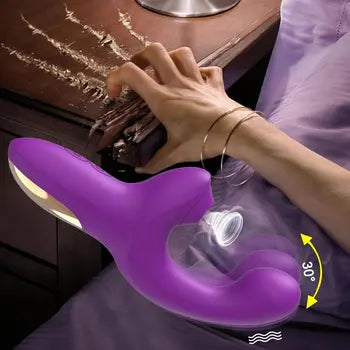 Kraftig dildo-vibrator med klitoris-sugekopp og vridende bevegelse for intens nytelse vist i lilla med gratis frakt.