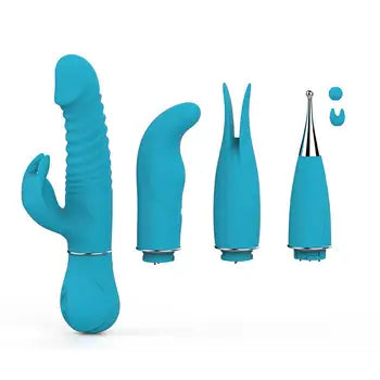 Vibratore in silicone di alta qualità per donne con 4 testine massaggianti intercambiabili, colore blu, spedizione gratuita, consegna entro 24 ore, imballaggio discreto, reso gratuito.
