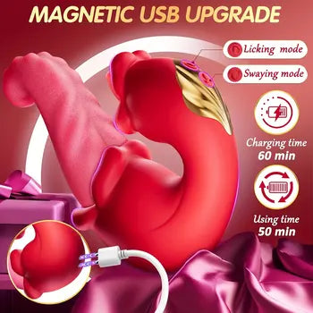 4-in-1 Rose Vibrator with Tongue Licking, Thrusting, Sucking & G-Spot Stimulation