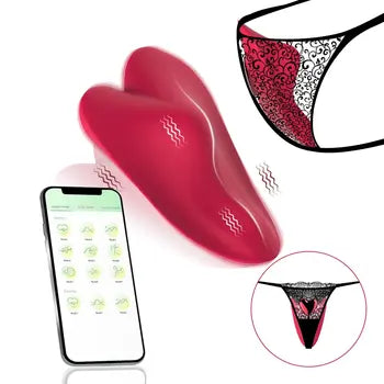 Vibratore a forma di cuore rosa indossabile, silenzioso e potente, controllabile tramite app, mostrato con app per smartphone e lingerie. Spedizione gratuita.