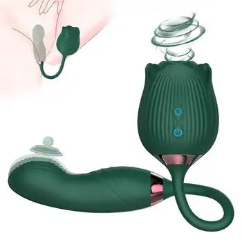 Ġugarell ta' Stimulazzjoni Qawwija Rose 2-f'1 Clitoral Sucker and Dildo Vibrator f'aħdar skur bi kunsinna bla ħlas u ppakkjar diskret