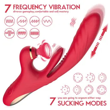 Vibrátor 3 v 1 Rabbit so stimuláciou G-bodu a saním jazyka v červenej farbe so 7 režimami vibrácie a sania Doprava zdarma