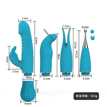 Vibratore in silicone di alta qualità per donne con 4 testine massaggianti intercambiabili, mostrato in blu con dettagli sulle dimensioni e spedizione gratuita inclusa.