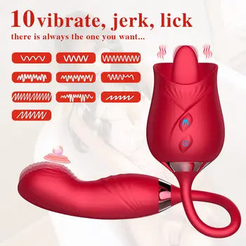 Vibratur tal-Klitoride u Dildo Rose 2-f'1, Ġugarell ta' Stimulazzjoni Qawwija bl-aħmar b'10 modi ta' vibrazzjoni, Kunsinna Ħielsa, Jintbagħat fi żmien 24 siegħa