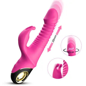 Silikónové vibračné dildo s v tvare králika na stimuláciu bodu G a klitorisu so silnými vibráciami, zobrazené v ružovej farbe s nastaviteľným pohybom. Doprava zdarma.