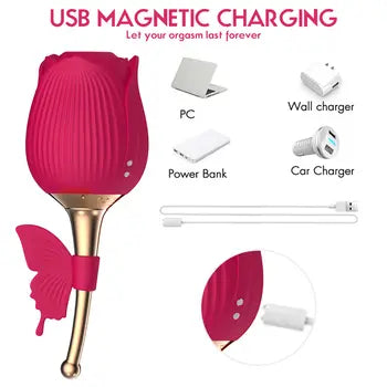 Rose Shaped Vibrator with Butterfly Clit Sucker & Nipple Stimulator - Pleasure Toy