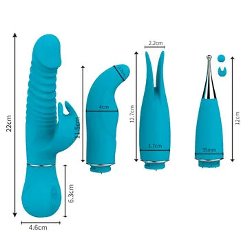 Vibratore in silicone di alta qualità per donne con 4 testine massaggianti intercambiabili, colore blu, con spedizione gratuita e imballaggio discreto.