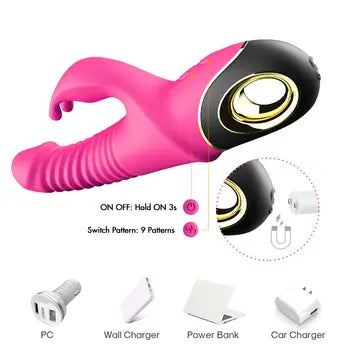 Silikónové vibračné dildo s v tvare králika na stimuláciu G-bodu a klitorisu s výkonnými vibráciami v ružovej farbe s USB nabíjaním a viacerými vzormi v balení.