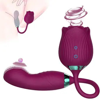 Ġugarell ta' Stimulazzjoni Qawwija Rose 2-f'1 Clitoral Sucker u Dildo Vibrator f'vjola skur bi Tbaħħir Ħieles u Ippakkjar Diskret