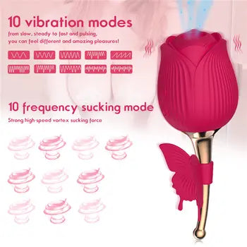 Rose Shaped Vibrator with Butterfly Clit Sucker & Nipple Stimulator - Pleasure Toy