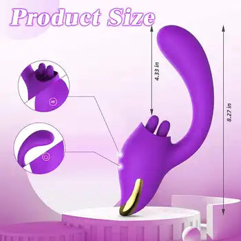 Dildo u Vibratur Klitorali 2 f'1 b'10 Modi ta' Vibrazzjoni Qawwija għall-Istimulazzjoni Klitorali u tal-G-Spot muri bil-vjola bid-dettalji tad-daqs u Kunsinna Ħielsa.