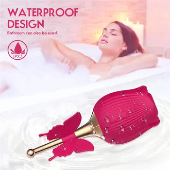Rose Shaped Vibrator with Butterfly Clit Sucker & Nipple Stimulator - Pleasure Toy