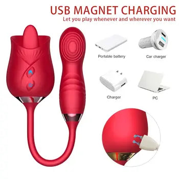Vibratore a forma di uovo Rose Thrusting Vibrator con ventosa clitoridea e stimolatore per la lingua, ricarica magnetica USB e spedizione gratuita, spedizione entro 24 ore.