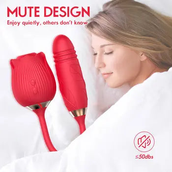 Vibratore a forma di uovo Rose Thrusting Vibrator, stimolatore clitorideo con potente aspirazione e vibrazione, dildo mostrato con design silenzioso e donna che riposa nelle vicinanze. Spedizione gratuita.