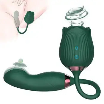 Rose 2-in-1 Clitoral Sucker and Dildo Vibrator Powerful Stimulation Toy - Sex Toys