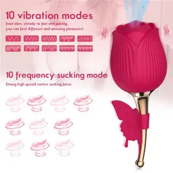 Rose Shaped Vibrator Pleasure Toy with Butterfly Clit Sucker and Nipple Stimulator - Sex Toys