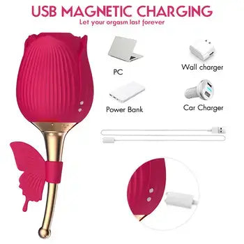 Rose Shaped Vibrator Pleasure Toy with Butterfly Clit Sucker and Nipple Stimulator - Sex Toys